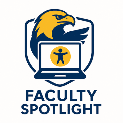 Logo for the Faculty Spotlight initiative at Coppin State University. It features a navy blue and gold eagle emerging from behind a laptop screen. The laptop displays a gold accessibility icon on a navy background. The design is framed by a shield outline, with the words “Faculty Spotlight” in bold navy text below.