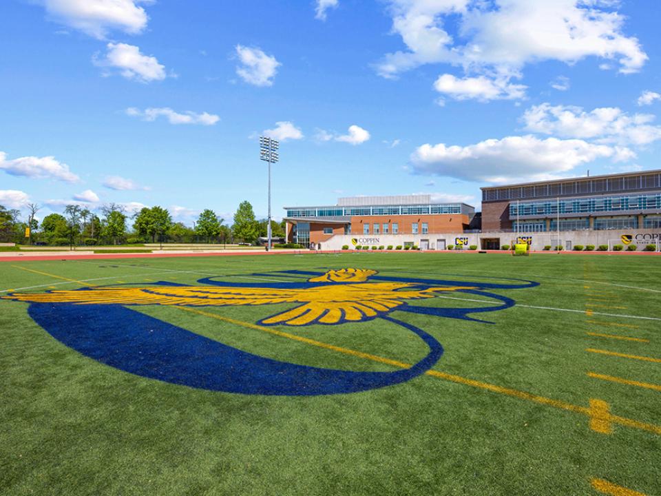 Physical Education Complex Field with the eagle and "CSU" logo printed on the turf in blue and gold