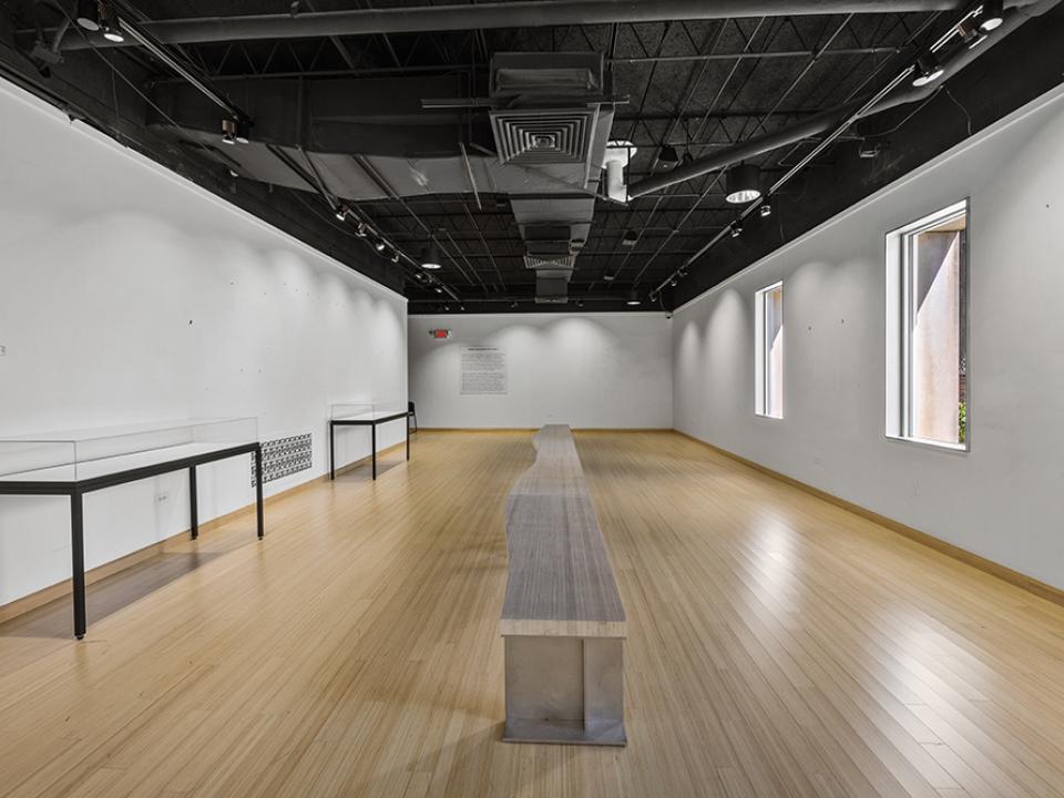Rectangular gallery room with white walls, benches in the center, two showcase tables on the left and windows on the right.