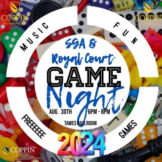 SGA and royal court game night on August 30, 2024 from 6 to 8 p.m. in the Tawes ballroom. Free, music, fun, games!